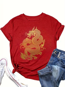 Dragon Print Crew Neck T-Shirt, Casual Short Sleeve Top For Spring & Summer, Women's Clothing