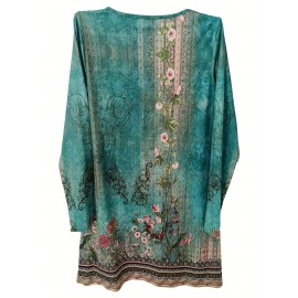 Floral Print Notched Neck Dress, Vintage Long Sleeve Mini Dress, Women's Clothing